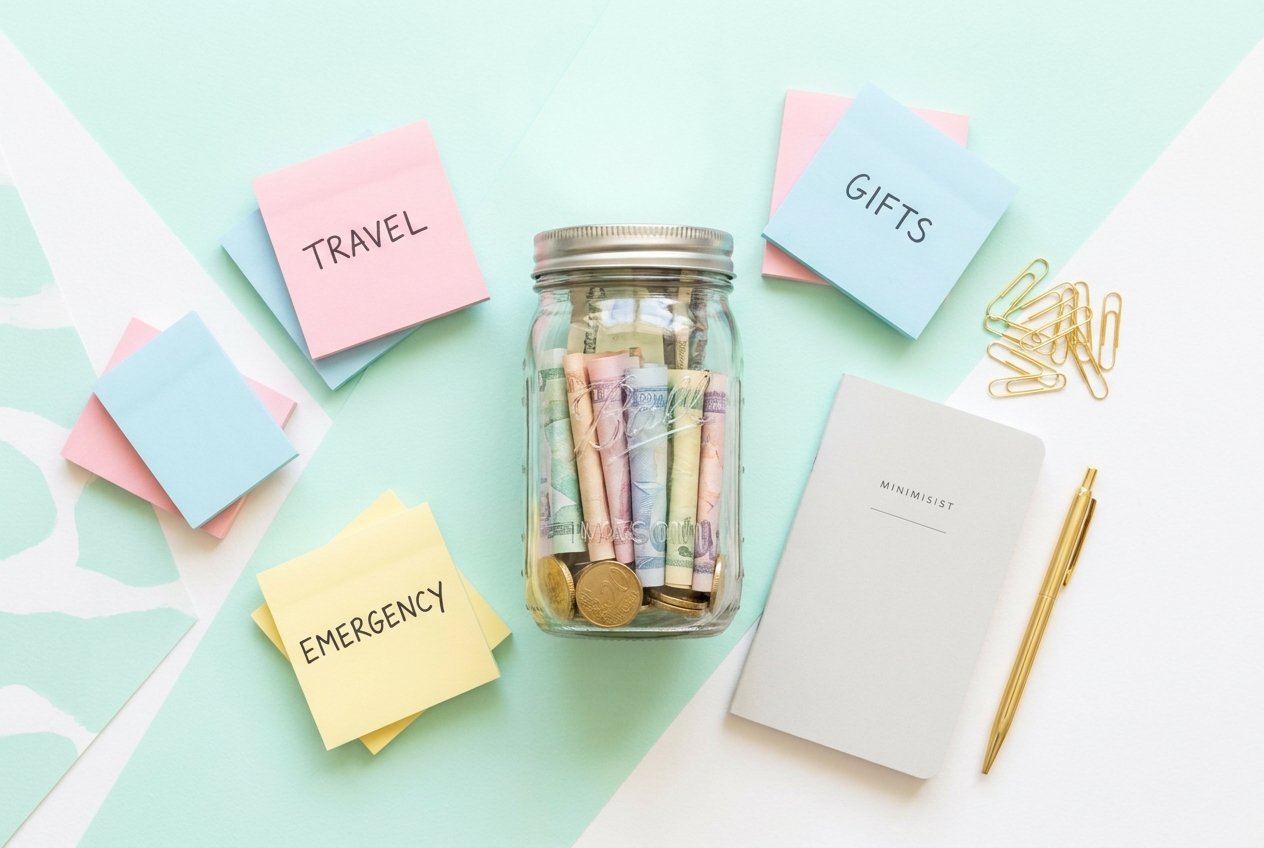 Glass savings jar with folded bills, sticky notes, and a notebook arranged on a mint background