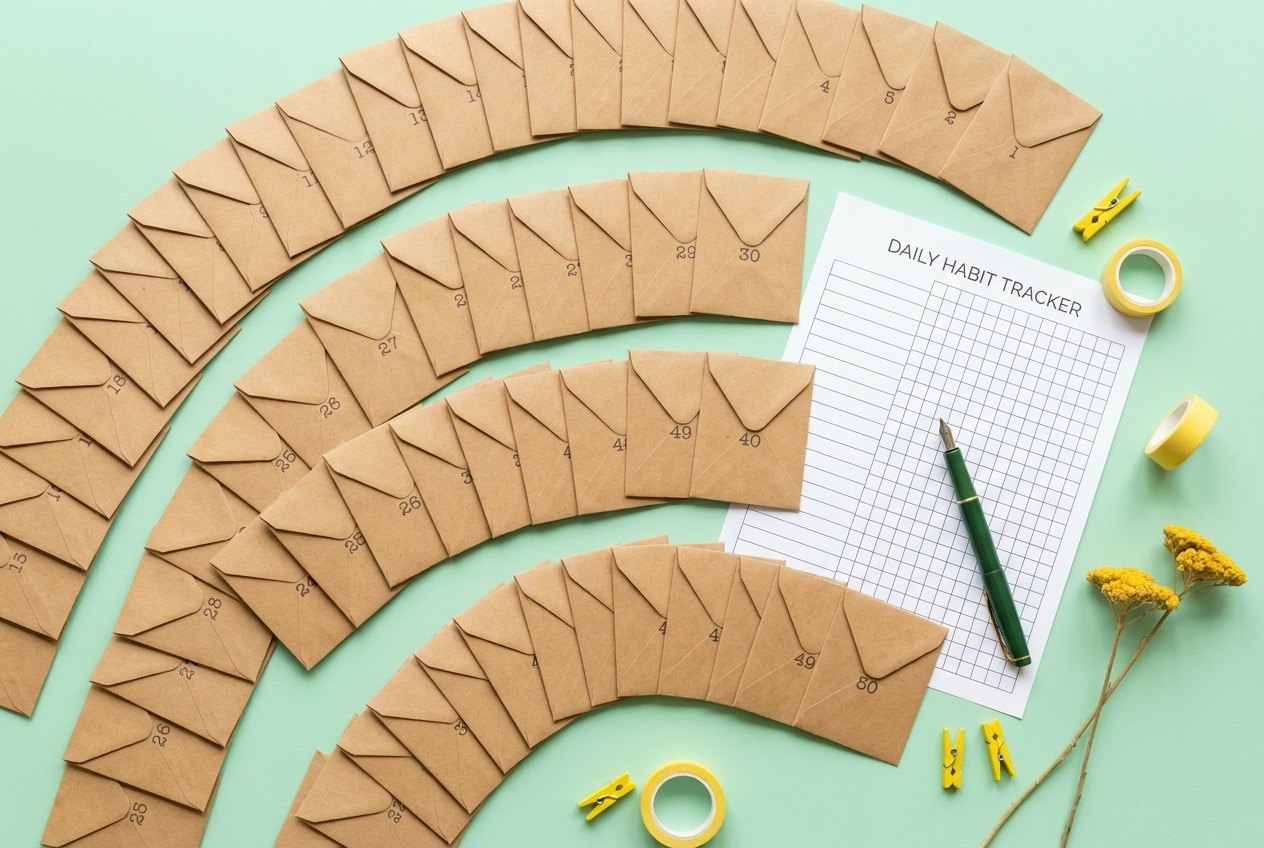 Numbered cash envelopes fanned out on a mint surface with a tracker sheet and pen