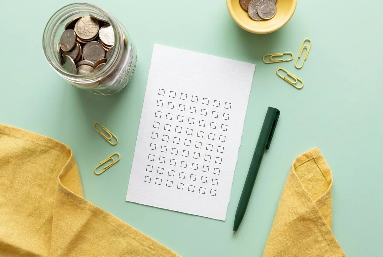 Glass jar of coins beside a printed checkbox tracker sheet, pen and paper clips on a mint background