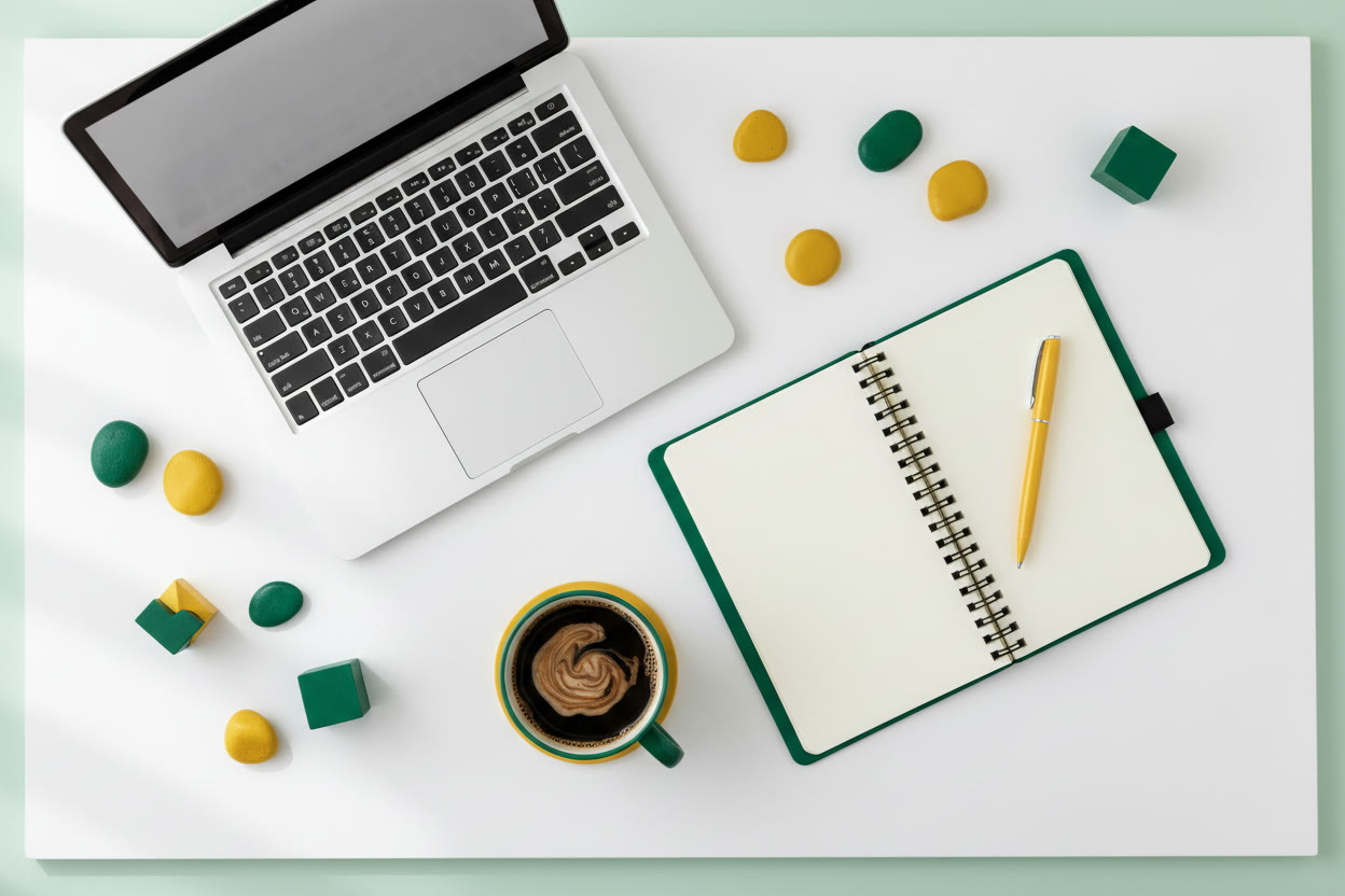 Open laptop, notebook, coffee mug, and pen on a bright desk