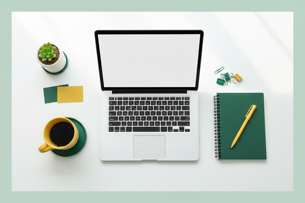 Laptop, notebook and pen, and coffee mug on a bright desk