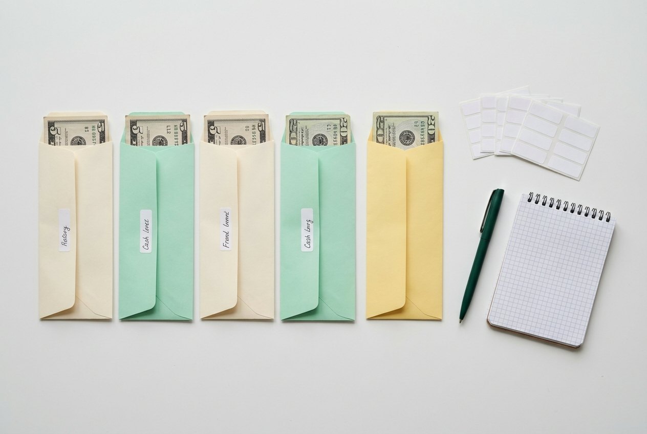 Labeled cash envelopes with bills sorted by spending category on a white desk