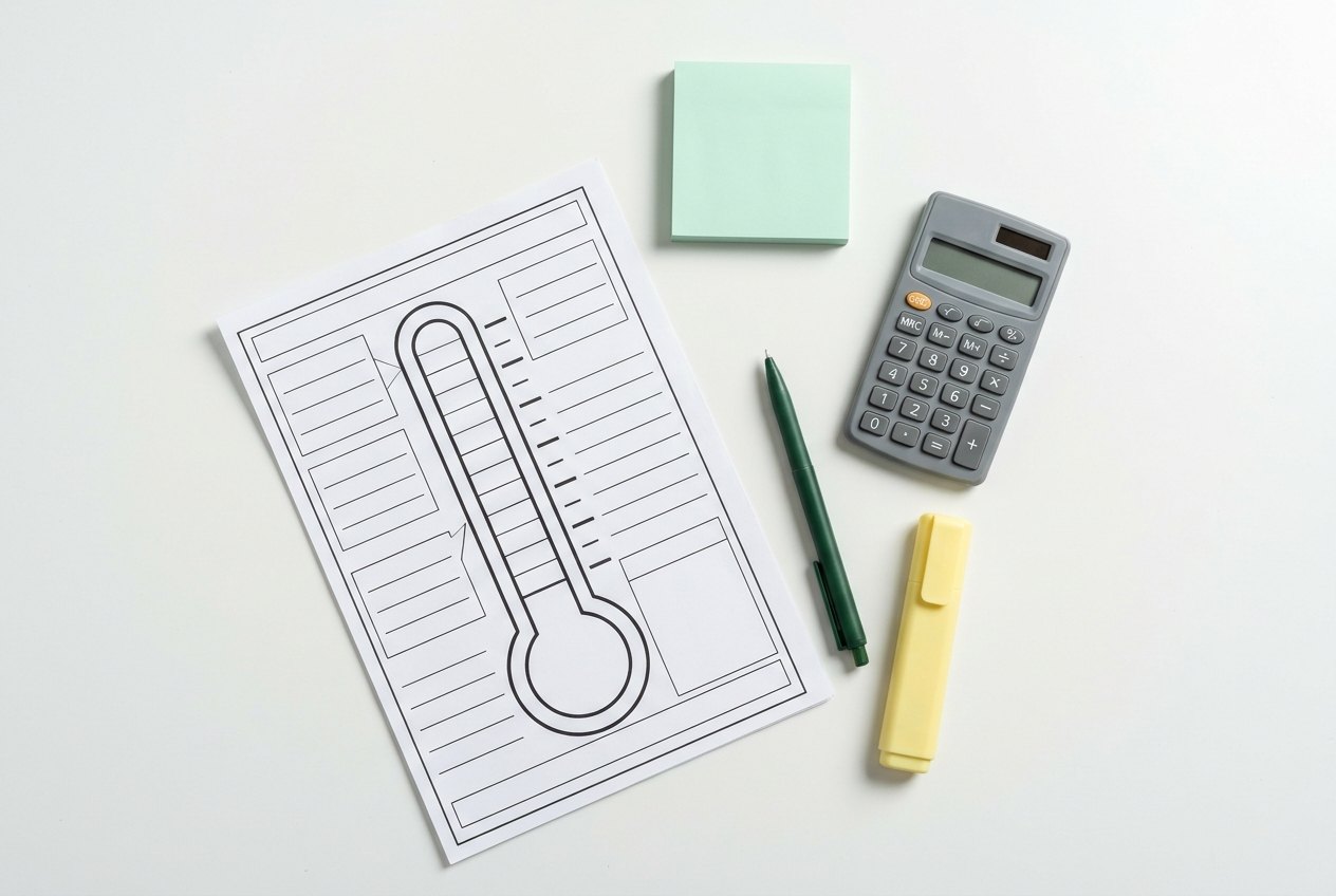 Debt payoff worksheet with a color-in tracker chart, calculator, and pen on a desk