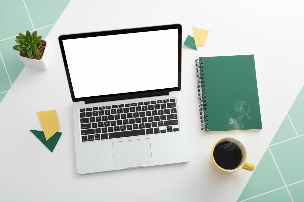 Laptop, notebook, coffee mug, and small plant on a desk