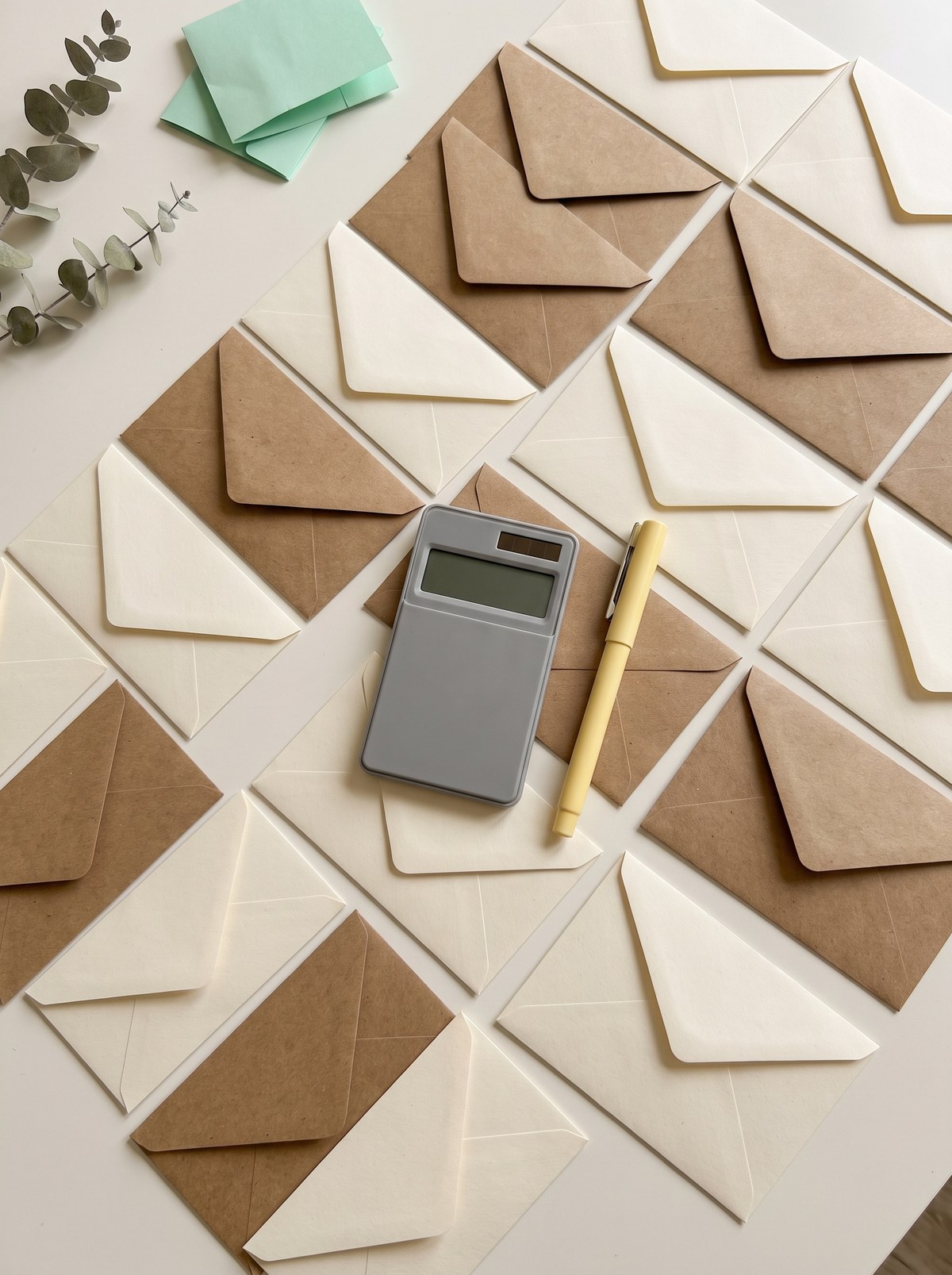 Many plain cash envelopes fanned out in a grid on an off-white desk with a calculator and pen