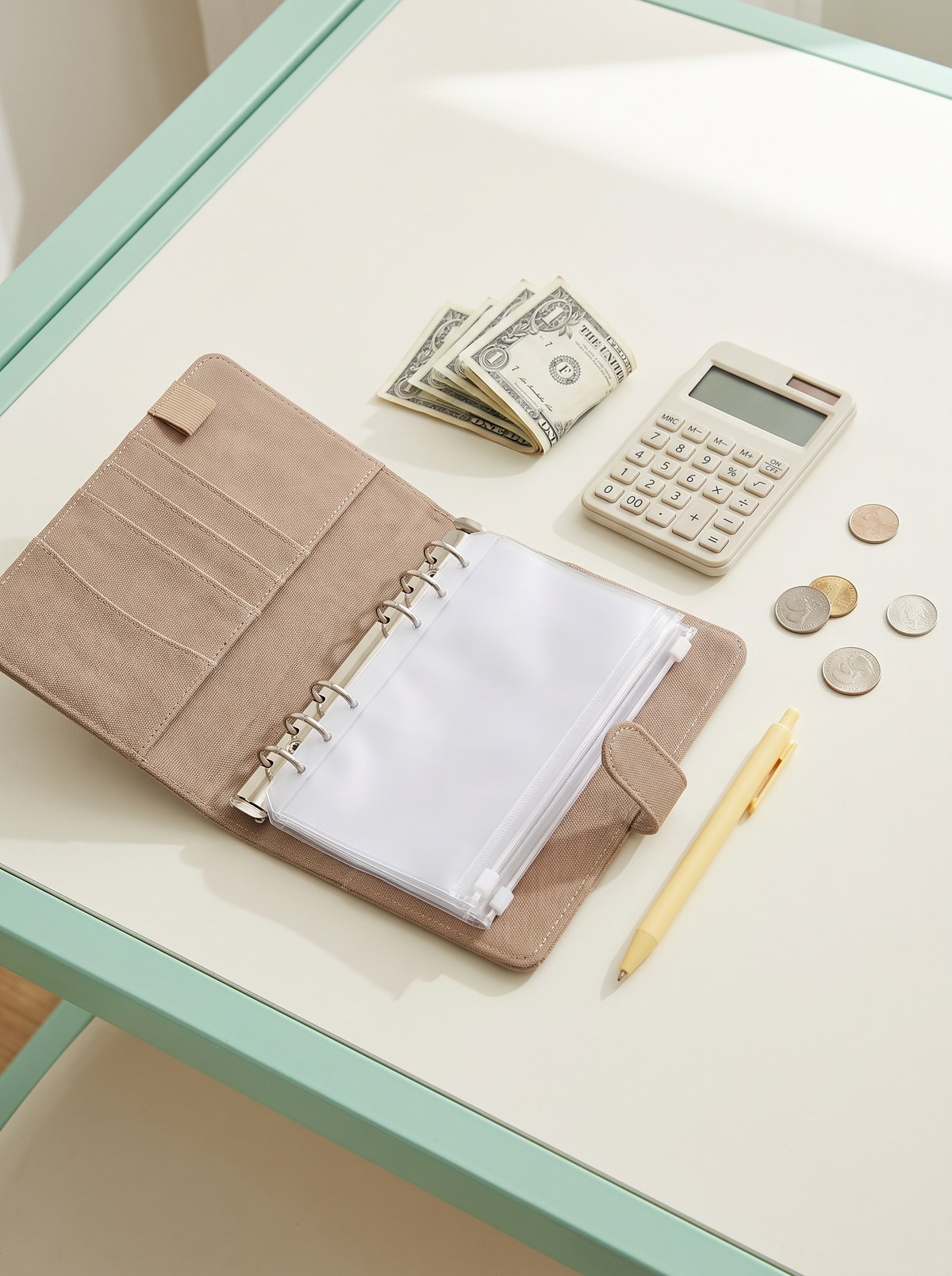 Open A6 budget binder with clear pockets, folded cash, a calculator, and a pen on an off-white desk