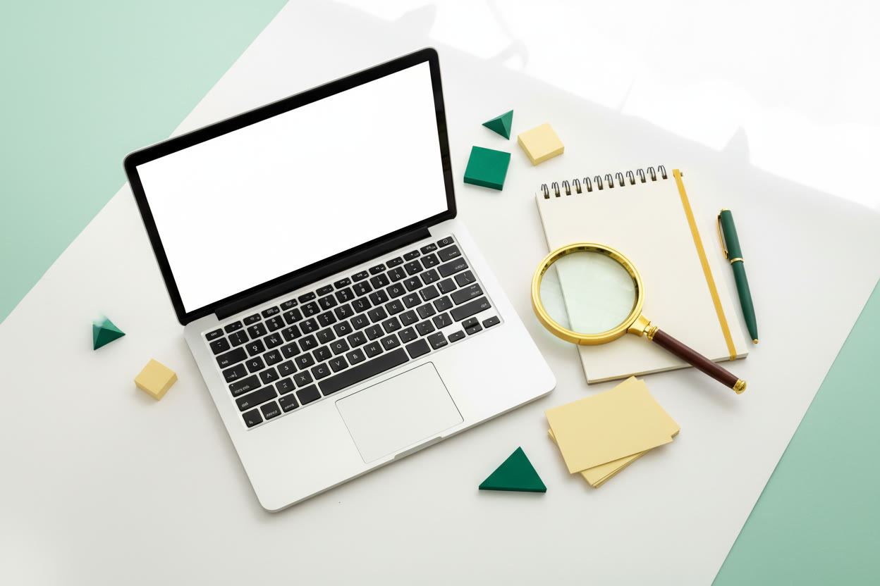Laptop and magnifying glass beside a notebook on a desk