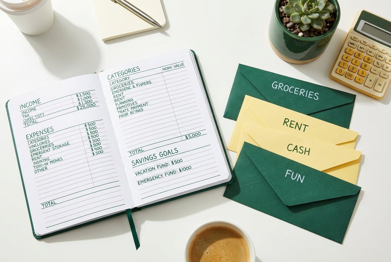 Overhead view of an open budget planner, cash envelopes, and a calculator on a tidy desk