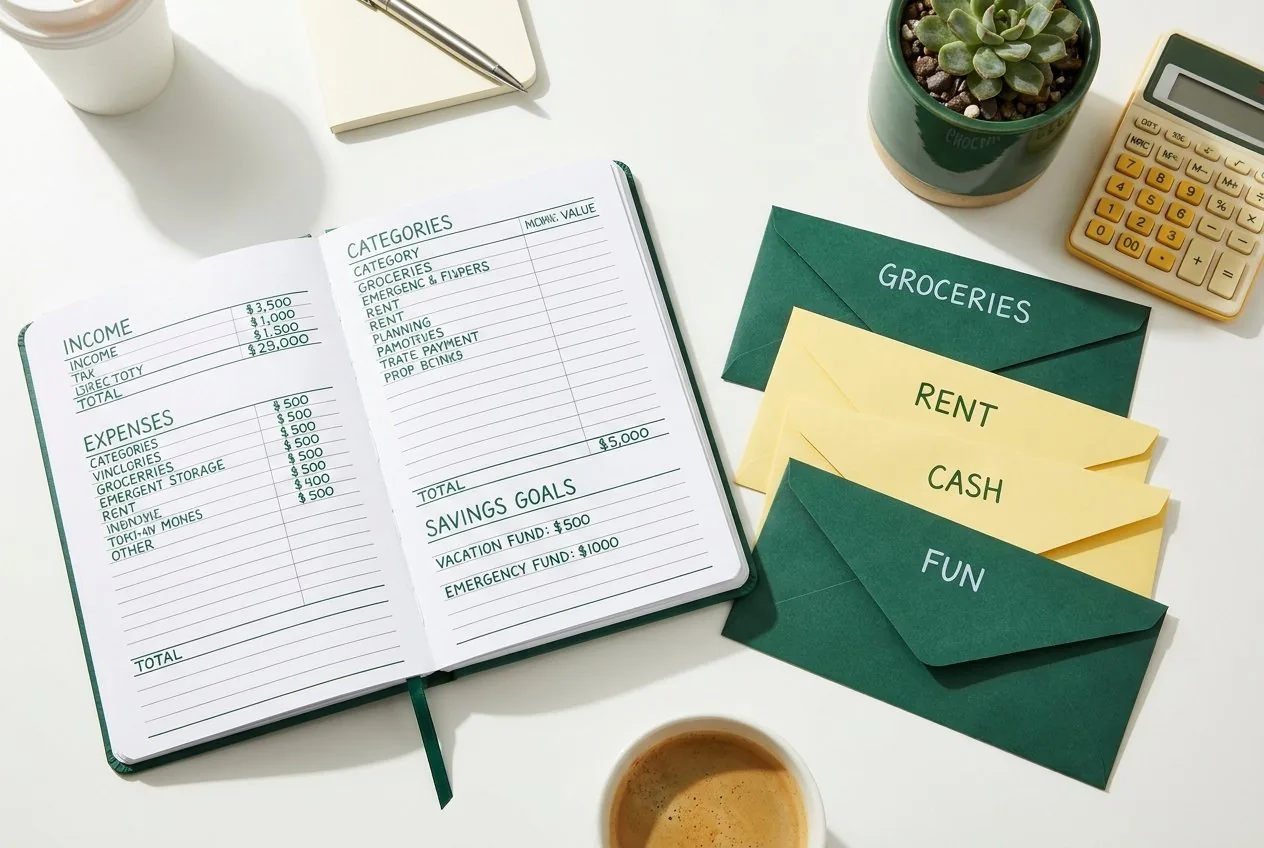 Overhead view of an open budget planner, cash envelopes, and a calculator on a tidy desk